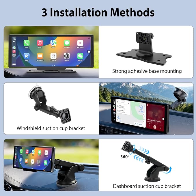 10.26" Portable Wireless CarPlay Screen for Car with 4K Dash Cam, 1080P Backup Camera and 64GB SD Card, Apple Carplay & Android Auto Touch Screen with GPS, Airplay, Mirror Link (ADAS)