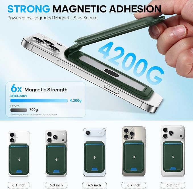 SHIELDON Strong Magnetic Wallet for Magsafe, Genuine Leather Adjustable Stand 6 Card Holders Quick Access ID Window, Mag Wallet Compatible with iPhone 17/16/15/14/13/12 Series Women Men - Evergreen