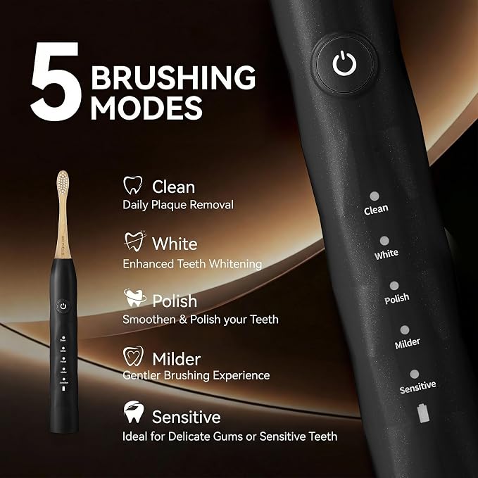 Electric Toothbrush with 4 Bamboo Heads, Bamboo Electric Toothbrush for Adults, Soft Castor Oil Bristles, 5 Modes, Smart Timer, Sonic Technology, IPX7 Waterproof, 60-Day Battery Life-Black