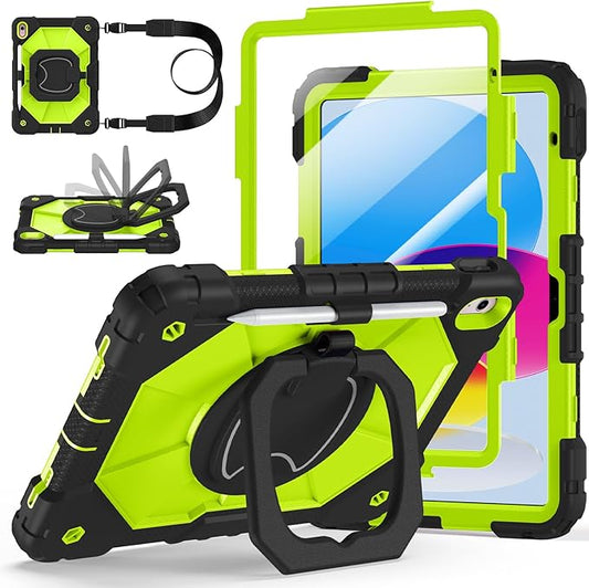 Case for iPad (A16) 11th Generation 11 Inch 2025, Ubearkk for iPad 10th Generation 10.9 inch 2022 case with Screen Protector 360 Degree Rotating Stand Shoulder Strap Pencil Holder, Black Green
