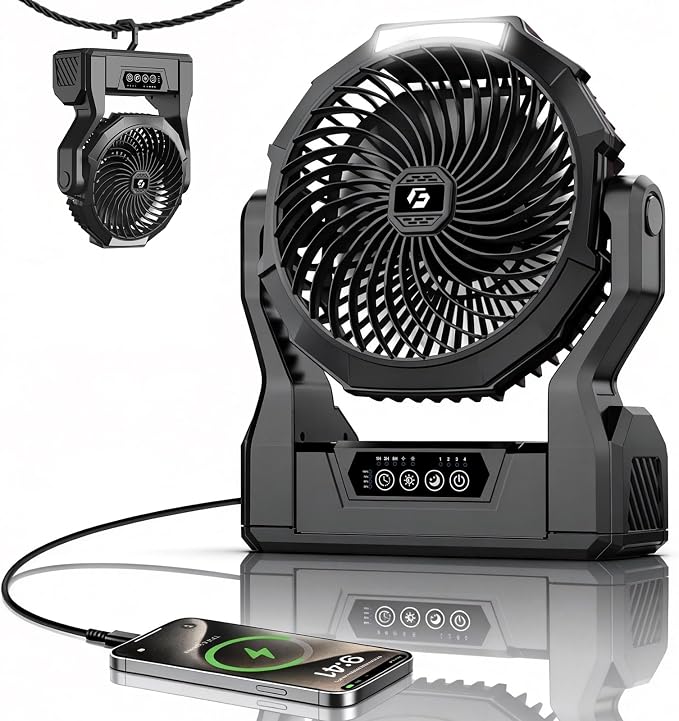 XZK 36000mAh Rechargeable Camping Fan, 98H Runtime Battery Powered Portable Travel Fan with LED Light, Tent Fans for Indoor,Outdoor,Fishing,Jobsite & Hurricane Emergency,Gifts for Men Dad Him,Black