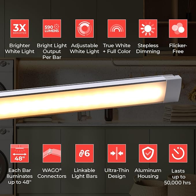 PureOptics LED Professional Push Wire® Under Cabinet Light Bar, Add-on, Plug-in or Hardwire Compatible, Adjustable White and RGB LED, for Utility Light, Closets, Garage, Pantry, (1) 24" Bar