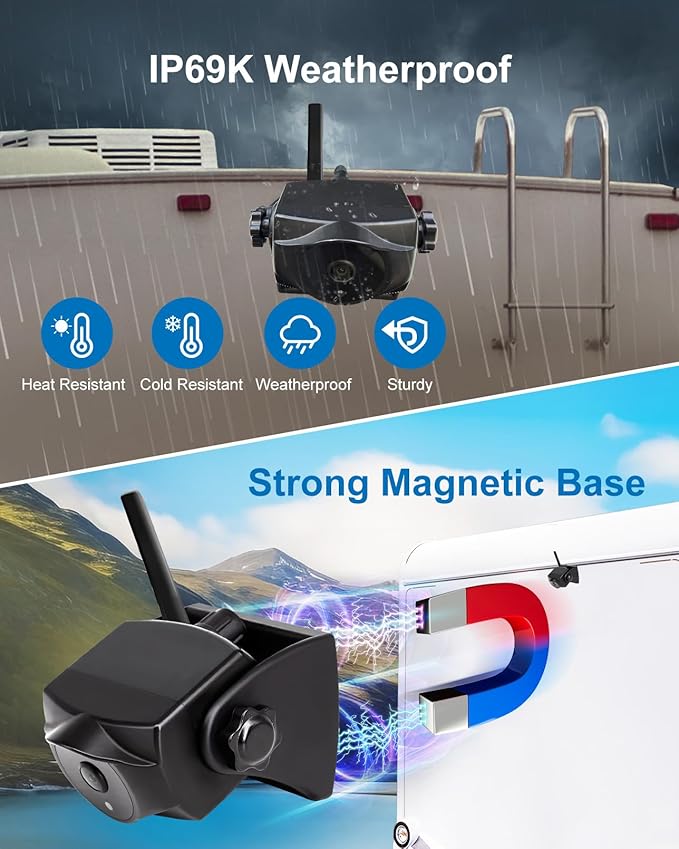 1080P Magnetic Wireless Backup Camera and Solar Wireless Backup Camera with Long-Lasting Battery,Night Vision， Easy Installation for RVs, Trucks, Trailers, Compatible with iPhone,iPad, Android Devices