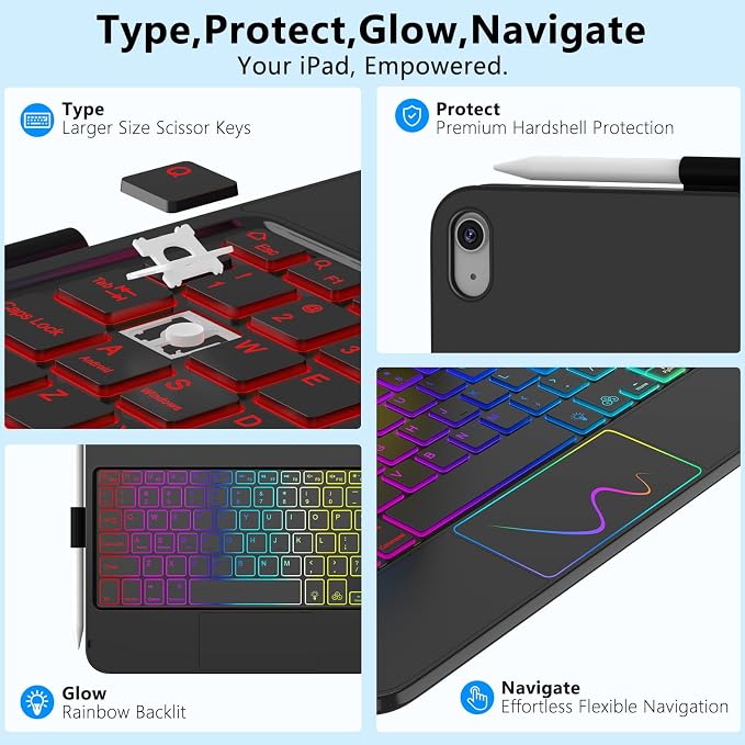 Touch Keyboard Case for iPad A16 11th Generation 2025/10th Generation 10.9 inch 2022,360° Rotatable for iPad 11th Generation Case with Keyboard- 7 Color Backlight Keyboard Case with Pencil Holder
