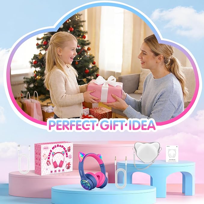 IFECCO Kids Wireless Headphones with Case - Cute LED Light Up Cat Ear,50H Playtime,Safe Volume Limited,Bluetooth 6.0 Kids Girls Headphones for School iPad Tablet Gifts