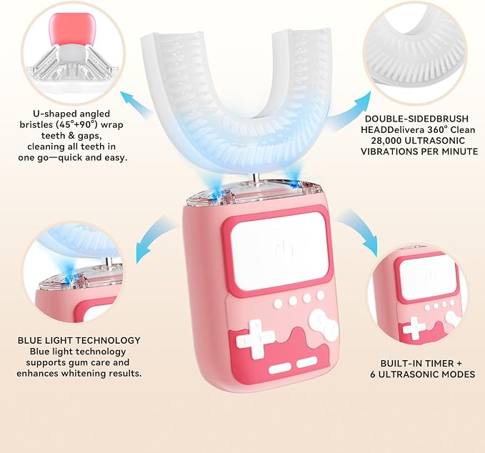 Adult Ultrasonic Electric Toothbrush, 360° Oral Cleaning for Stain & Whitening, IPX7 Waterproof Rechargeable, U-Shape Brush Head×3 + Straight Handle Brush Head×2 + Storage Cup