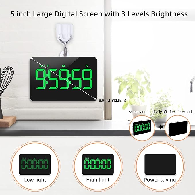 Rechargeable Digital Kitchen Timer for Cooking, Magnetic Timers with Countdown/up, Kids Timer with 5”LED Display 3 Brightness 4 Volume Adjustable for Classroom/Office/Home/Work/Fitness/Game(Green)