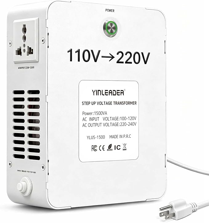 Yinleader 1500W 120V to 220V Voltage Converter Step Up Transformer 110V/120V to 220V/240V for Europe Asia Appliances Used in US(White)
