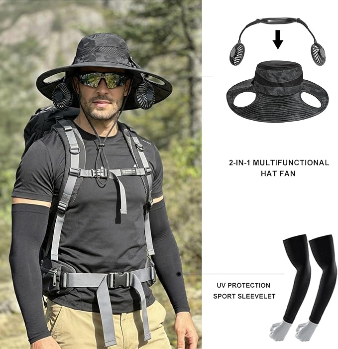 Sun Hat with Fan for Men & Women, Bucket Hat with Fan, UPF 50+ Cooling Hat with Sunblock Sleeves for Fishing,Hiking