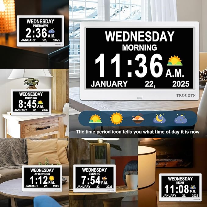 TROCOTN Dementia Clocks, Large Display Calendar Alarm Clock with Auto DST for Seniors, 5 Display Modes Large Font Digital Clock with Custom Alarms Day Date Clocks.(10 Inch White)