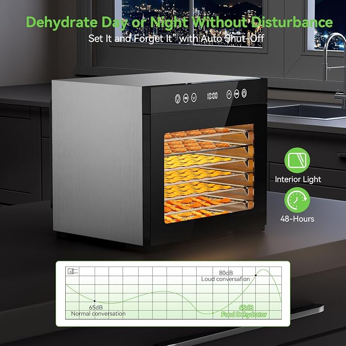 650W Food Dehydrator, 8-Tray Stainless Steel Dehydrator Machine with Adjustable Timer & Temperature, Overheat Protection, Fruit Dehydrator for Jerky, Herbs, Dog Treats, Interior Light
