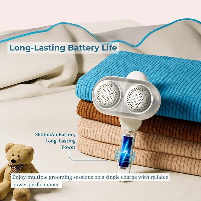 Fabric Shaver, Rechargeable Lint Remover with 2600mAh Powerful Battery, 9500 RPM with 3 Speeds, Includes 4 Extra 6-Leaf Blades (Pearl White)