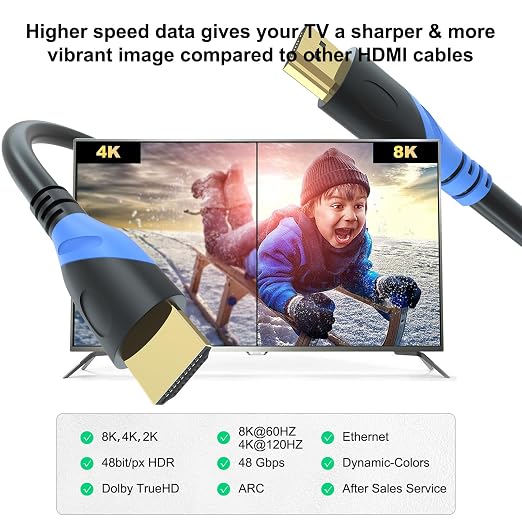 8K HDMI Cable 5FT (HDMI 2.1,48Gbps) Ultra High Speed Gold Plated Connectors,Ethernet HDMI Cord, 8K@60HZ 4K@120HZ 2K 1080P 3D ARC Compatible with UHD TV Monitor Laptop Xbox PS4/PS5 ect