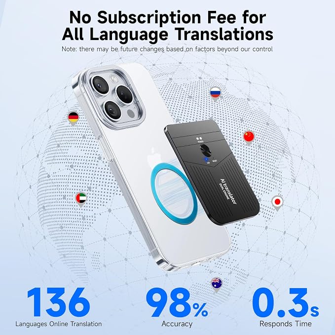 AI Language Translator, HFfit AI Assistant, 136 Online & 11 Offline Languages, Real-Time Voice & Photo Translation, Meeting Recorder, APP Control for Travel, Business & Learning
