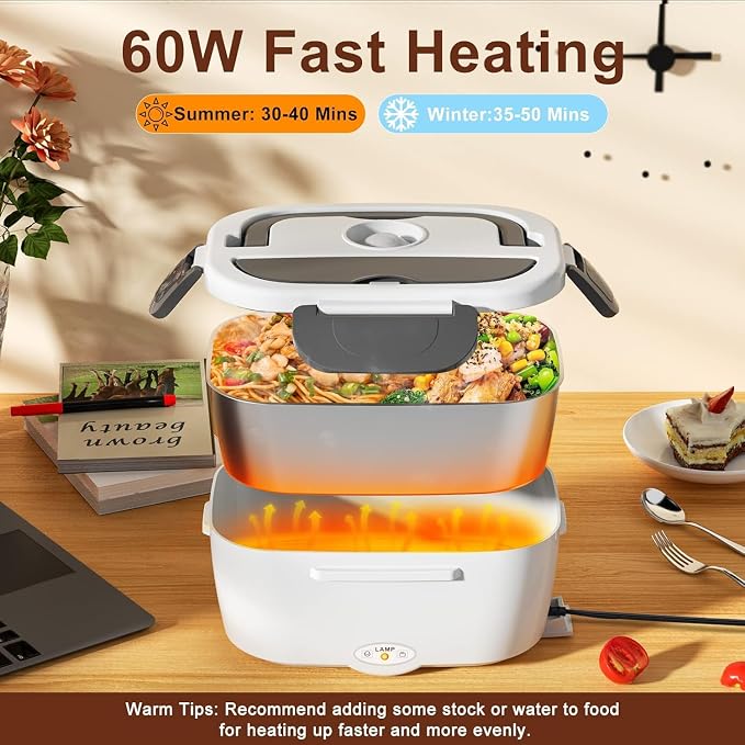 Electric Lunch Box for Adults 80W Heated Lunch Box for Adults Portable Food Warmer 12V 24V 110V 220V Food Heater Lunchbox 1.5L Stainless Steel Lonchera Eléctrica Portátil for Car Truck Work Driver