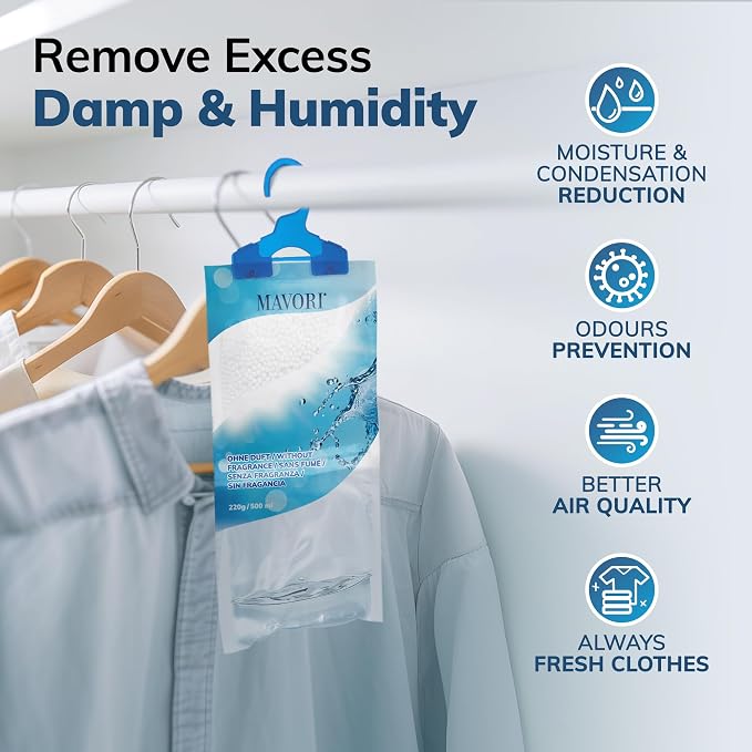 Hanging Moisture Absorber Bags, Dehumidifier Bags for Closet, Wardrobe and Laundry Room, Reduce Moisture, Odors, and Dampness, Long-Lasting Humidity Control, 16.9 oz per Bag (Pack of 10)