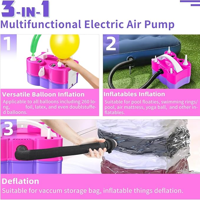 Biapian Balloon Pump Electric, 3-in-1 Portable Electric Air Pump for Balloons and Inflatables, Dual Nozzle Balloon Blower Machine for All Latex 260q Foil Balloon Inflator Deflator for Party Decoration