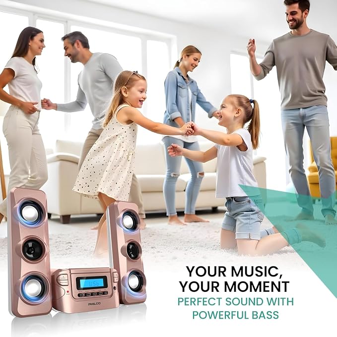 Philco Stereo Shelf Systems Compact CD Shelf System with Digital FM Stereo Radio, Bluetooth Wireless Technology, and Remote Control | LCD Display | MP3 & AUX Port Compatible | USB Playback (Rose Gold)