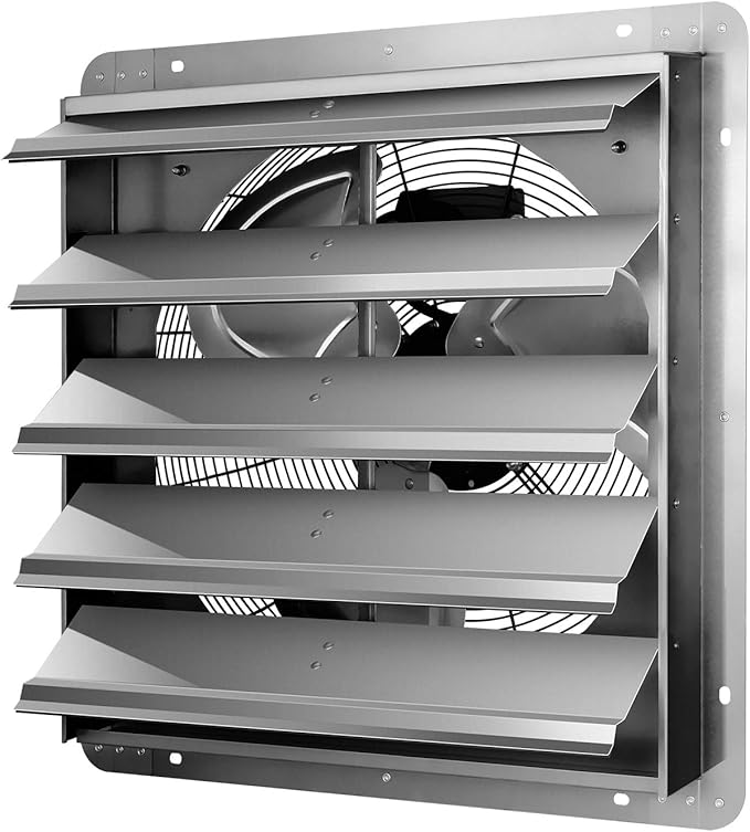 Simple Deluxe 24 Inch Wall Mounted Shutter Exhaust Fan, Aluminum, 1400 RPM, 4016 CFM, for Attic, Garage, Louvered Vent, Plant, Greenhouse, Silver