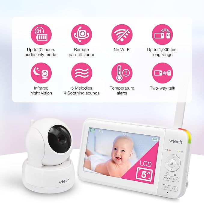 VTech Baby Monitor No WiFi– See Every Corner of the Nursery, Remote Pan-Tilt-Zoom, Hack-Proof, 5" Screen, 17Hr Battery, 1000ft Range, Night Vision, Temperature Sensor | 924W