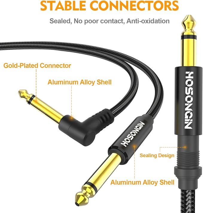 HOSONGIN Guitar Cable 3.3 feet 2 Pack - 1/4 Inch Electric Instrument Cable Bass AMP Cord for Electric Guitar, Bass Guitar, Electric Mandolin, Pro Audio - Black Nylon Braided, 24K Gold Plated Plug