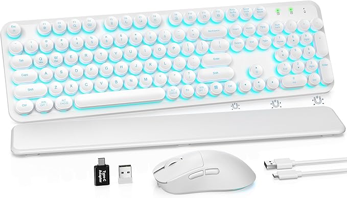 Wireless Keyboard and Mouse Combo, Backlit Round Keycaps, Retro Typewriter Keyboard with Detachable Wrist Rest, Rechargeable & Tilt Legs, 2.4GHz Cordless Connection for Windows/PC (Glowing White)