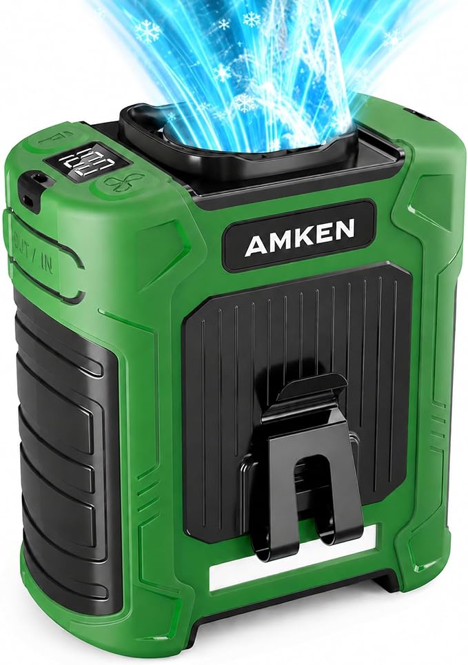 AMKEN Waist Fan, 10000mAh Rechargeable Belt Clip Fan, 59ft/s Airflow, 6-Speed 18500RPM Wearable Cooling with Bottom Air Intake, LED SOS Warning Light, Charge 2 Phones for Jobsite Camping
