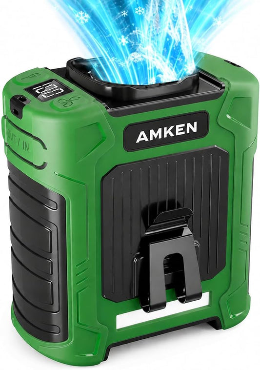 AMKEN Waist Fan, 10000mAh Rechargeable Belt Clip Fan, 59ft/s Airflow, 6-Speed 18500RPM Wearable Cooling with Bottom Air Intake, LED SOS Warning Light, Charge 2 Phones for Jobsite Camping