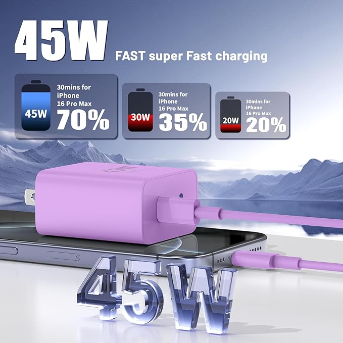 QZIIW iPhone 16 15 Pro Max Charger Fast Charging,45W Dual Port USB C Fast Charger Block [2-Pack] & Extra Long 60W 3/6/10/10FT USB C Cable - PD Quick Adapter 3.0 for iPhone 16 15/16 15Pro/16 15 Plus.