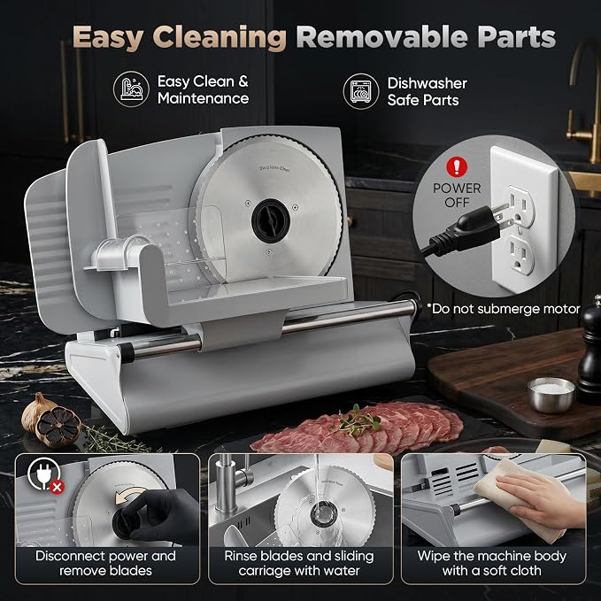 Sakerplus Electric Meat Slicer, 200W Food Slicer Machine with 2 Blades, 0-15mm Adjustable Thickness, Removable Blade, Food Pusher & Safety Guard for Meat, Bread, Vegetables