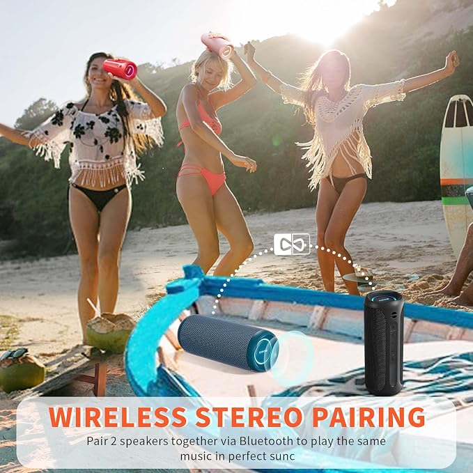 Wireless Portable Speaker,IPX7 Waterproof Bluetooth Speaker, 25W Loud Stereo Sound, Bassboom Technology, TWS Pairing, Built-in Mic, 16H Playtime with Lights for Home Outdoor - Black | 25W Stereo Sound, Bassboom Technology, TWS Pairing, Built-in Mic, 16...