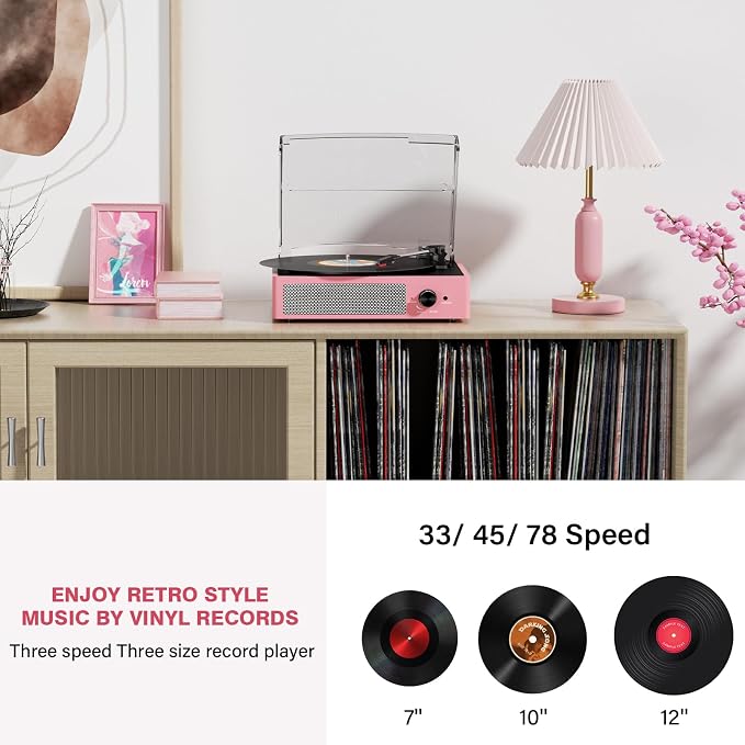 Vinyl Record Player with 2 Stereo Speakers Belt-Driven Vintage Turntables 3 Speed 3 Size Wireless Bluetooth Playback AUX-in RCA Out Headphone LP Vinyl Players Auto Stop Dusty Rose