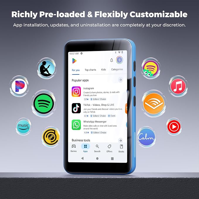 160GB innioasis G5 MP3 Player with Bluetooth and WiFi, MP3 Player with Spotify, Spotify Kids, Pandora, Play Store, Parental Manager App, Calm, 4" HD Full Touch Screen MP4 Music Player for Kids (Blue)