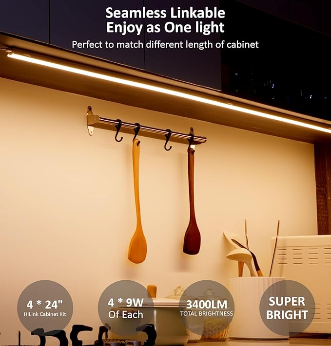 Leetdud Under Cabinet Lighting Plug in, 24 Inch 4 Pcs, Linkable AC120V 3CCT 3000K/4000K/5000K Ultra Slim, LED Under Cabinet Lights for Counter Light, Kitchen, Shelf, Sink, Workshop, Desk, White