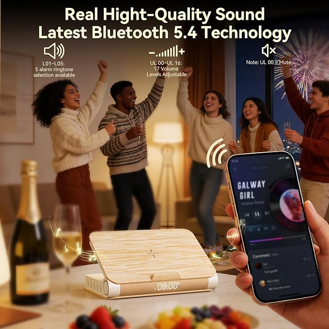 Vivilumens Alarm Clocks Bluetooth Speaker Dual Charging Wireless Bedside Lamp Night Light for Adults Teens with Book Shape Sunrise Wake Up Light for Bedroom Home Decor Gifts for Father（Wooden Grain）