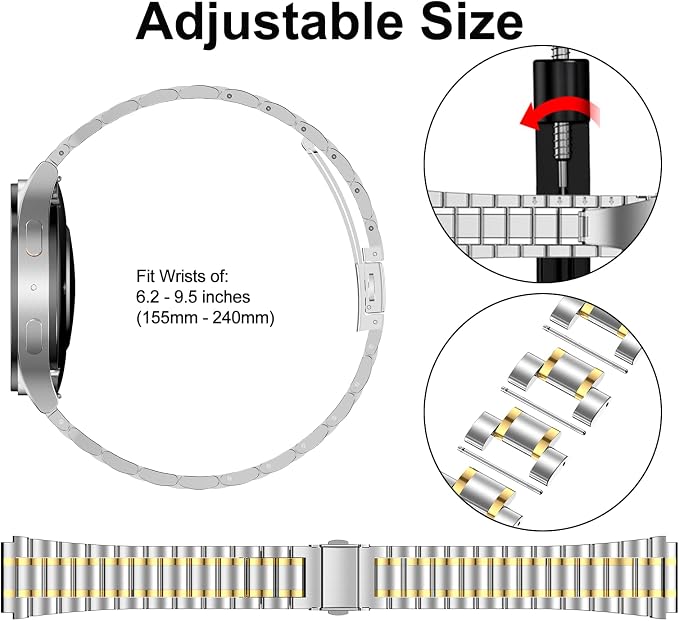 SUPLINK Band Compatible with Samsung Watch 7 6 5 4 40mm 44mm Bands, for Galaxy Watch 5 Pro 45mm/Galaxy Watch 4 6 Classic 42mm 46mm 43mm 47mm/Watch 3,20mm Metal Replacement for Men Silver Gold