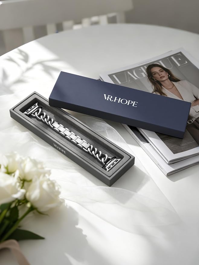 V.R.HOPE Silver Apple Watch Bands for Women, Designer Cowgirl Chain Bracelet Strap Compatible with Apple Watch 38mm 40mm 41mm 42mm, Dressy Stainless Steel Metal Band for iWatch Series11 10 9 8 7 6 5 4 SE3(Silver)