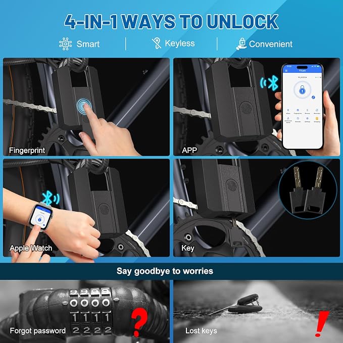 APECYC Fingerprint Bike U Lock with Cable, Heavy Duty Anti Theft Smart Lock | Unlock in 0.2 Seconds, Anti-theft Bicycle Lock with 4FT Cable for Commuting, E-bikes, Scooters, Motorcycles & Outdoor Parking
