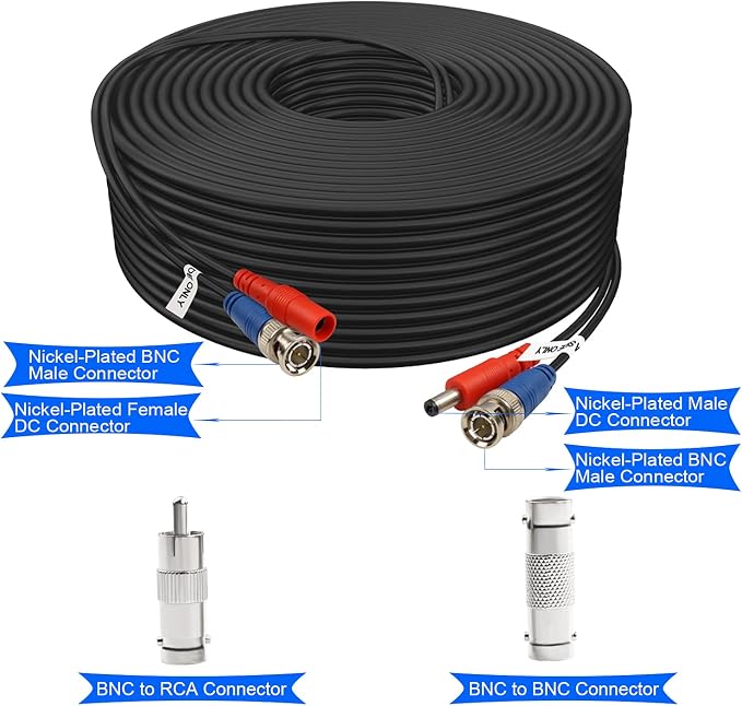 BNC Cable 25ft 4 Pack Aimyzii BNC Video Power Cable,Security Camera Cable for CCTV Camera DVR Security Systems(Included 8X BNC Adapters,100 Pcs Cable Clips)-Black