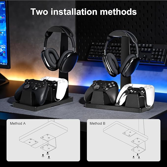 UPERGO Headset Stand with 2 Controller Holders - Solid Wood & Metal Gaming Headphone Holder for Switch, Controllers, and Desk Accessories (Black)