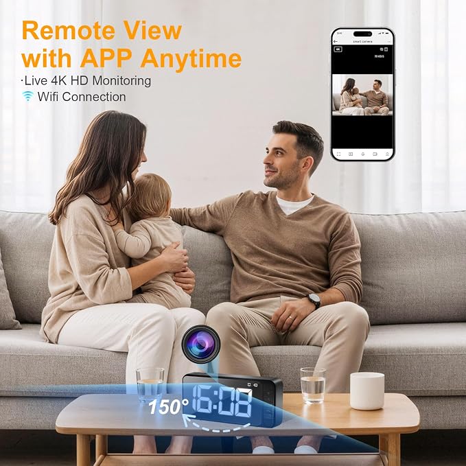 Magnetic Hidden Camera Clock - WiFi Wireless 4K HD Nanny Cam with Wide-Angle 150°, Clear Night Vision & Smart Motion Detection, Indoor Hidden Camera for Home Security, Office, Pet, App Remote Control