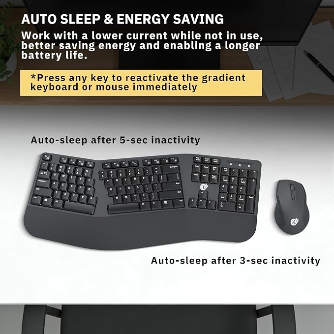 FOPETT Wireless Ergonomic Keyboard for PC, 2.4G Full Size Wireless Keyboard and Mouse Combo, Comfortable Natural Split Keyboard Mouse for Windows Computer Desktop Laptop