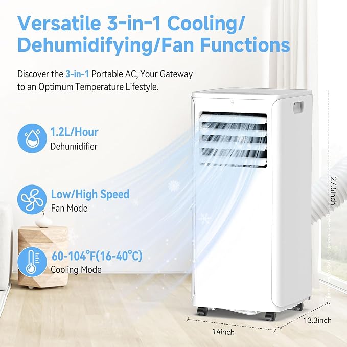 Portable Air Conditioner - 12,000 BTU 3-in-1 Cooling Unit with Dehumidifier, Fan & AC Modes - Ac Units Cools Up to 550 Sq.Ft - 24-Hour Timer, Remote Control & Window Kit Included