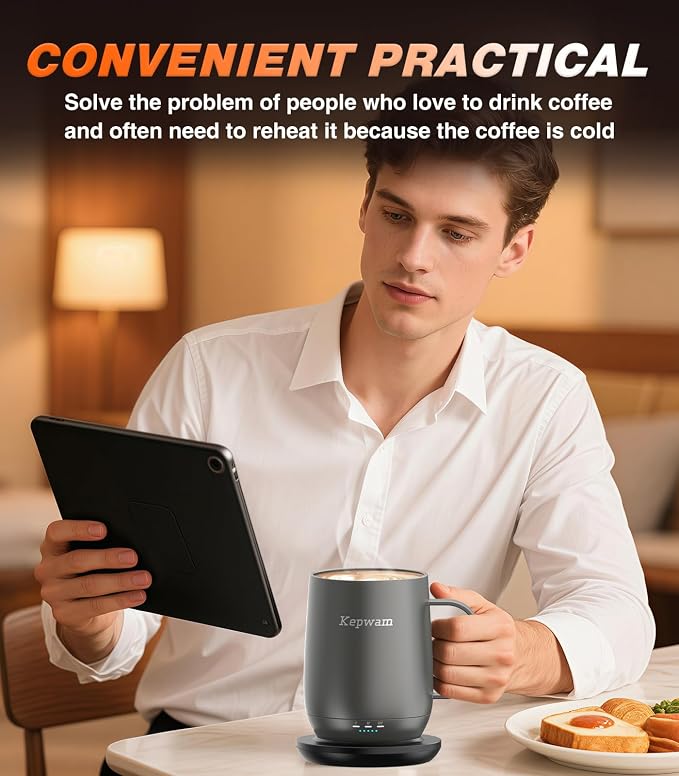 Kepwam Heated Coffee Mug Rechargeable T2, 16oz Smart Temperature Control, Up to 149℉, 150 Min Battery Life, Great Gift for Dad Mom