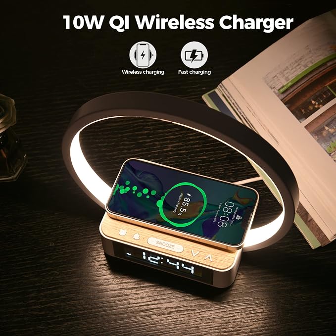 Blonbar Desk Lamp with Alarm Clock Qi Wireless Charger, Touch Lamp for bedroom 3 Light Hues, Bedside Lamp 10W Max Wireless Charging Table Lamp LED Eye-Caring Reading Nightstand Light for Living Room