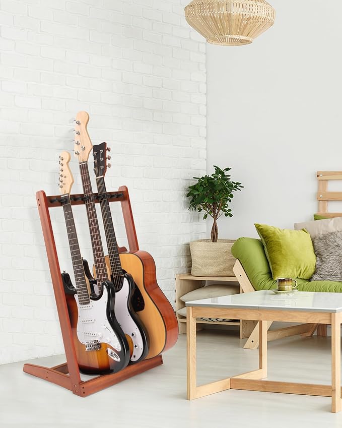 Multiple Guitar Stand, Mahogany Wood Multi Guitar Stand for 3 Acoustic, 5 Electric or 5 Bass, Hardwood Instrument Rack for Men, Wooden Floor Instrument Racks for Home Decor, Studio Display