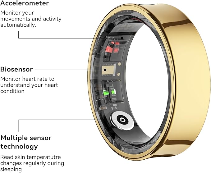 Smart Ring Health Tracker, Smart Rings for Men & Women, No Subscription Required, Long-Lasting Battery Sleep Ring, Fitness & Sleep Monitor Compatible with iOS & Android (Gold, 9)