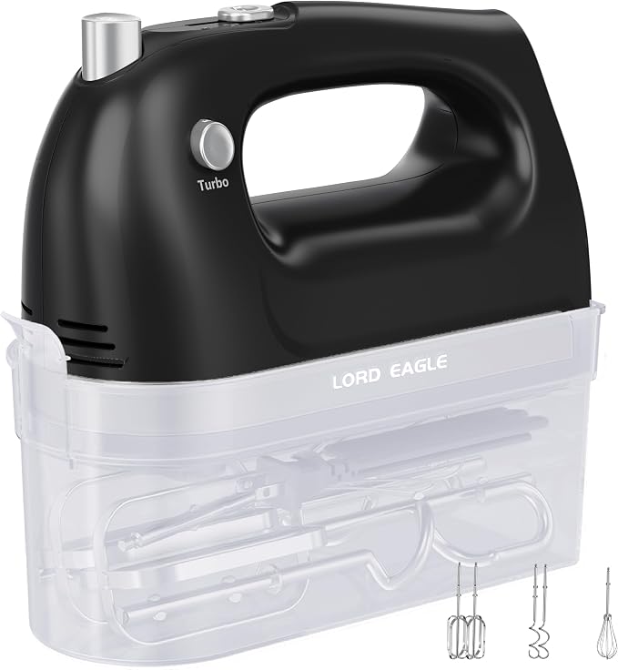 Lord Eagle Hand Mixer Electric Handheld 400W, 5-Speed Lightweight Kitchen Mixer with Storage Case, 5 Stainless Steel Attachments for Baking Cake Egg Cream Food Beater, Turbo+Eject Button, Black