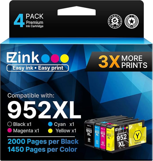 E-Z Ink 952XL Ink Cartridges Combo Pack 4 Pack Compatible for HP 952 XL 952XL Ink Cartridge Latest Upgrade to Use with HP Officejet Pro 8710 7740 8720 8210 8715 8740 8725 (Black Cyan Magenta Yellow)