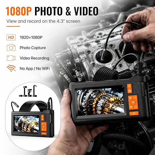 Dual Lens Borescope with 32GB Card, 4.3" Endoscope Camera with Light Support Free 1920*1080P Photo/Video, 16.4FT Semi-Rigid Inspection Snake Camera with IP67 Waterproof for Automotive, Engine & HVAC